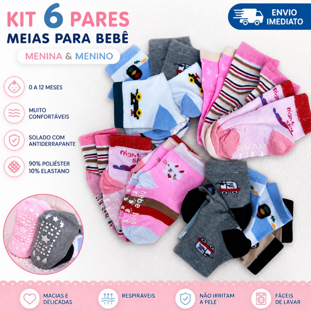 Kit meias bêbê| Meia infantil| Meia menino e menina| Meia antiderrapante| 0 a 12 meses