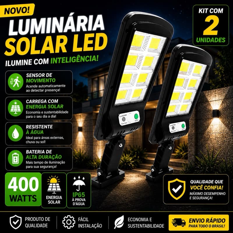 Kit 2 Luminária Solar 400W LED Economia Total Sem Fio  Sensor + Controle Remoto IP66 LKY0035