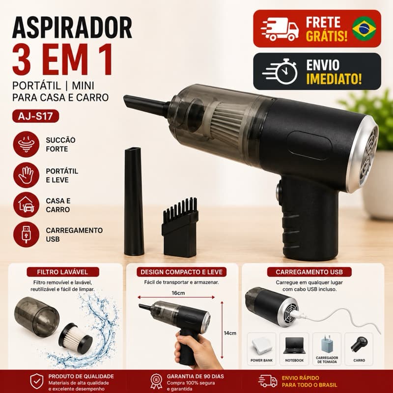 Mini Aspirador de Pó Portátil Automotivo Casa Sem Fio 3 em 1 Recarregável Potente 6000Pa
