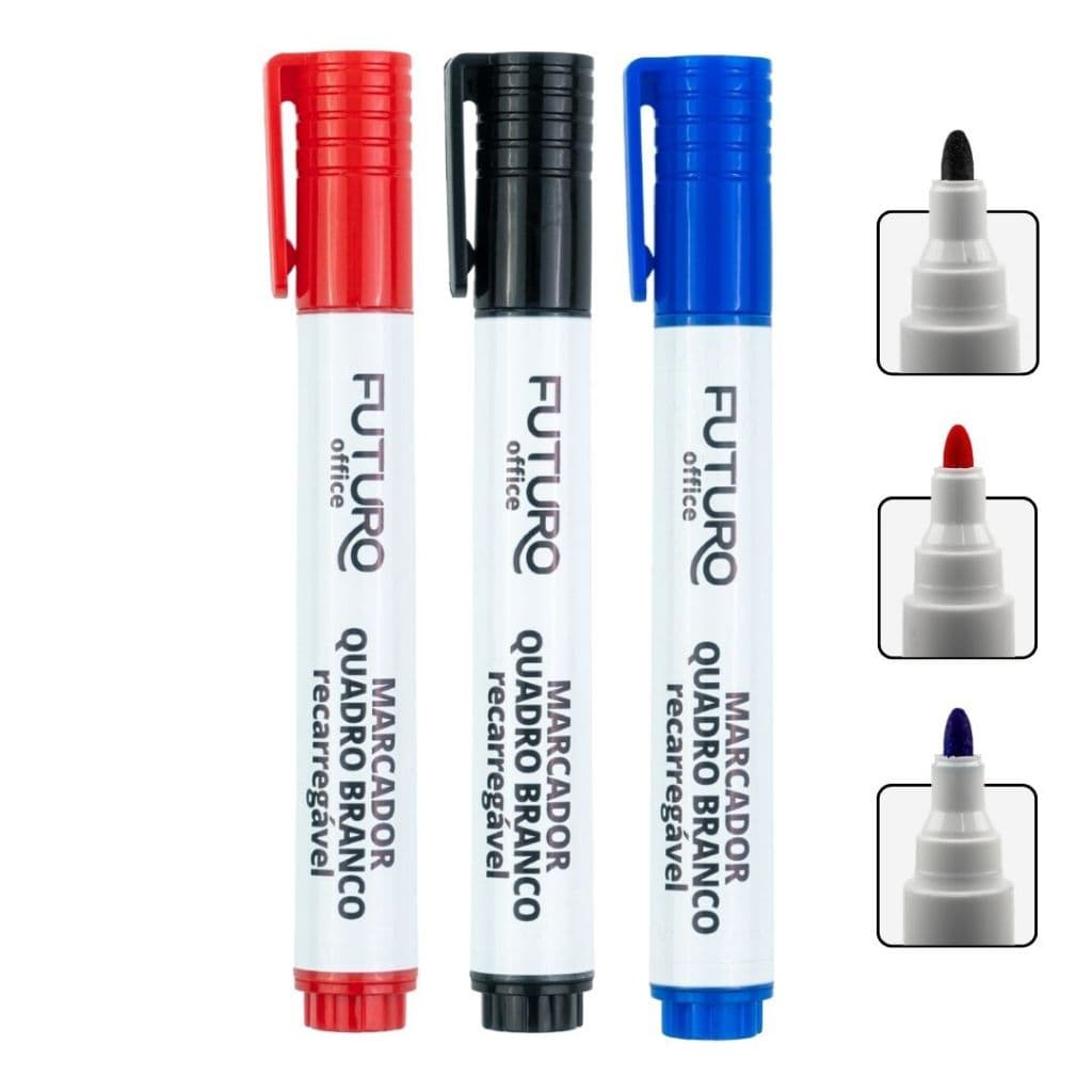 Kit 2 Pincel Quadro Branco Recarregável Nas Cores Azul Vermelho Preto Ponta Redonda