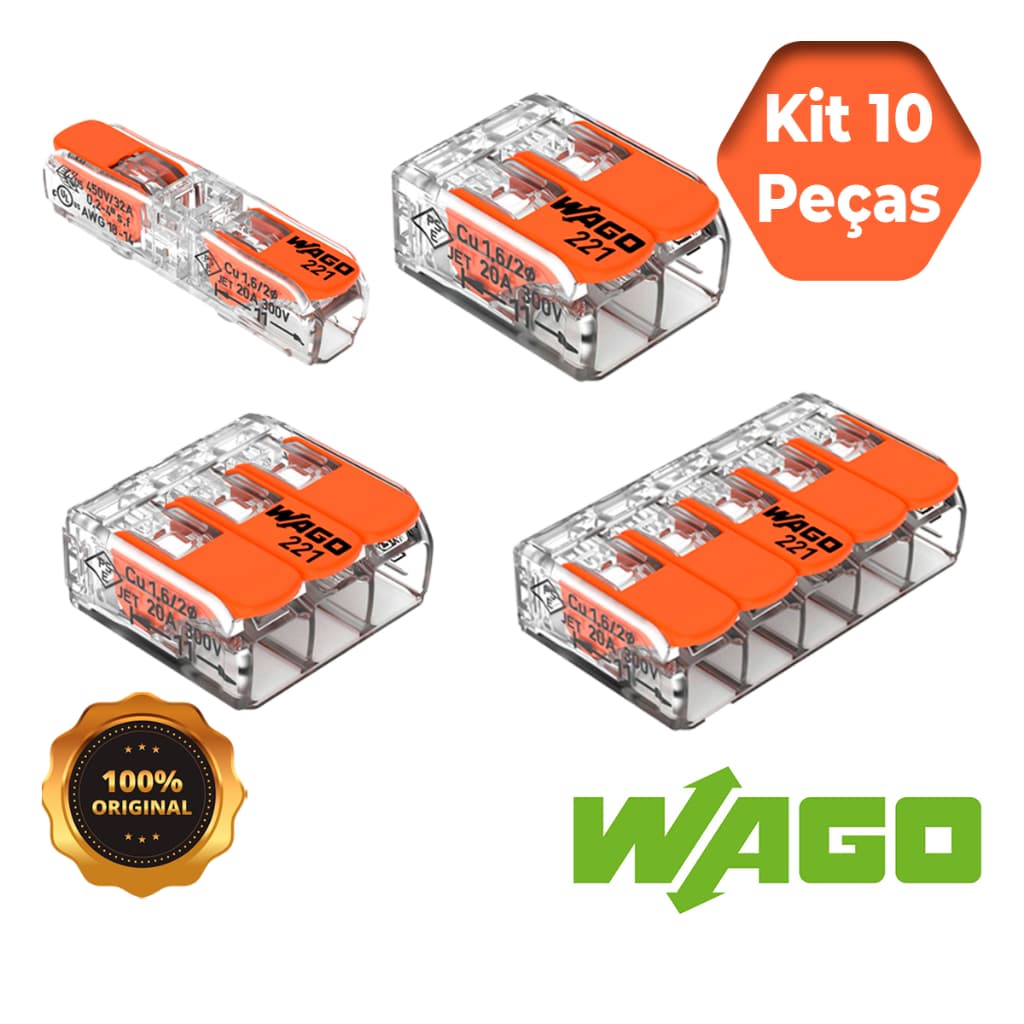 Conector de Fio Elétrico Wago 221 Conector Wago Emenda 1,2,3, e 5 vias 32/41A 4mm² e 6mm² Kit 10 Pc