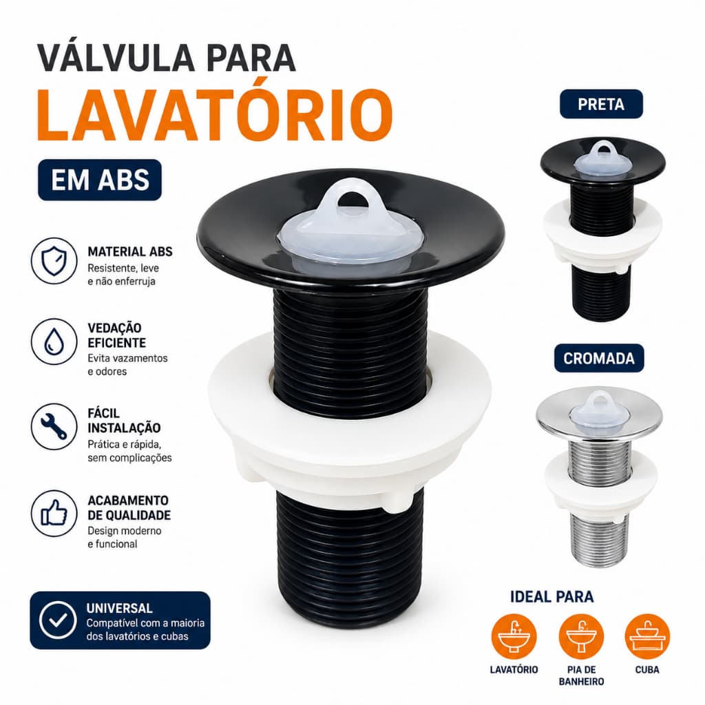 Válvula Para Lavatório ABS Universal Preta E Cromada Pia Banheiro Cuba Com Vedação 7/8