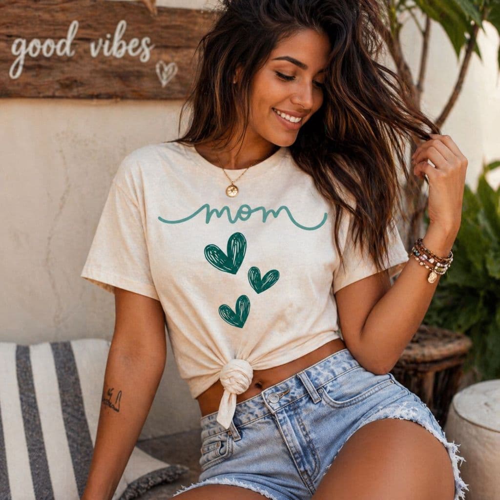 Camiseta Mom Feminina Corações Cute Mãe Algodão Oversized Casual Tumblr Fashion Blusa Estilosa Dia das Mães