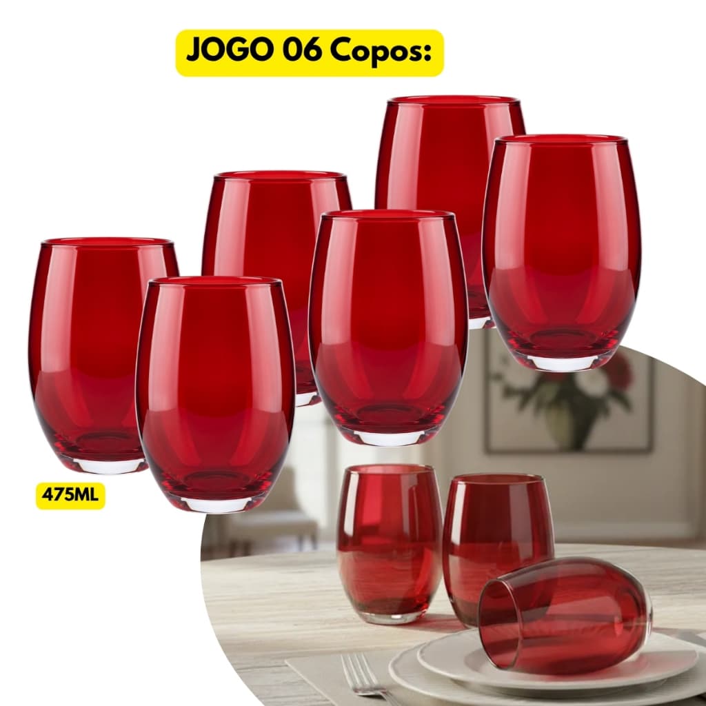 Jogo Kit 06 Copos Vidro Vermelho Califórnia 475ML Servir Luxo Elegante Chique Restaurante Hotel Bar