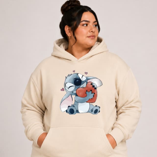 Blusa De Frio Feminina Stich Moletom Canguru Com Capuz e Bolso Flanelado