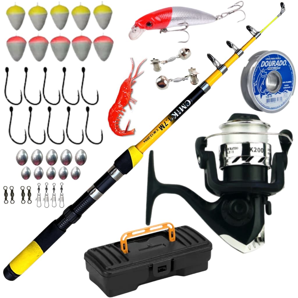 Kit Completo Molinete e Vara de Pesca Telescópica 1,70 metros Fibra Vidro Isca Artificial  Traira