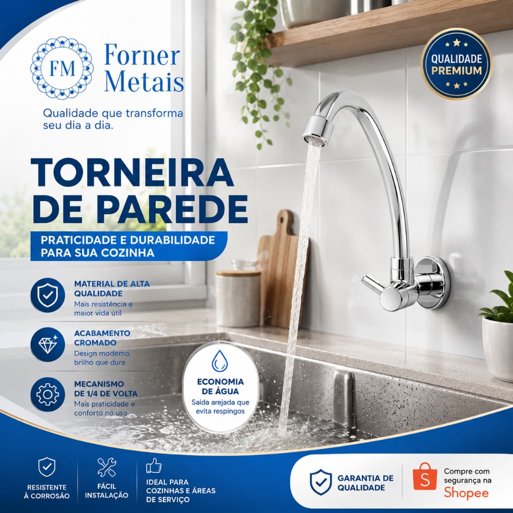Torneira Parede Cozinha Bica Movel 1/4 de Volta  Cromada EM ABS