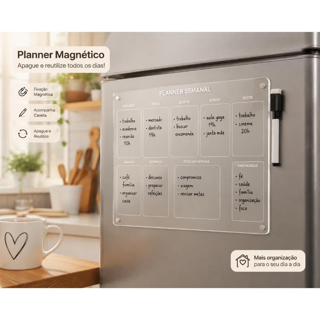 Planner Magnético Geladeira Semanal Mensal Lousa Com Caneta