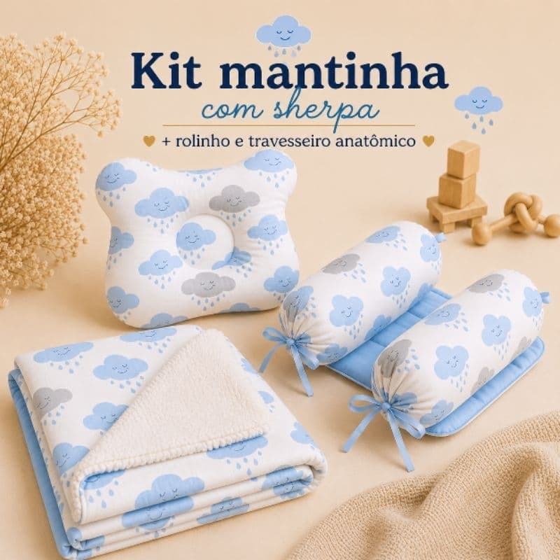 Kit Manta com Sherpa + Rolinho Segura Bebê + Travesseiro Anatômico, seguro, macio e confortável