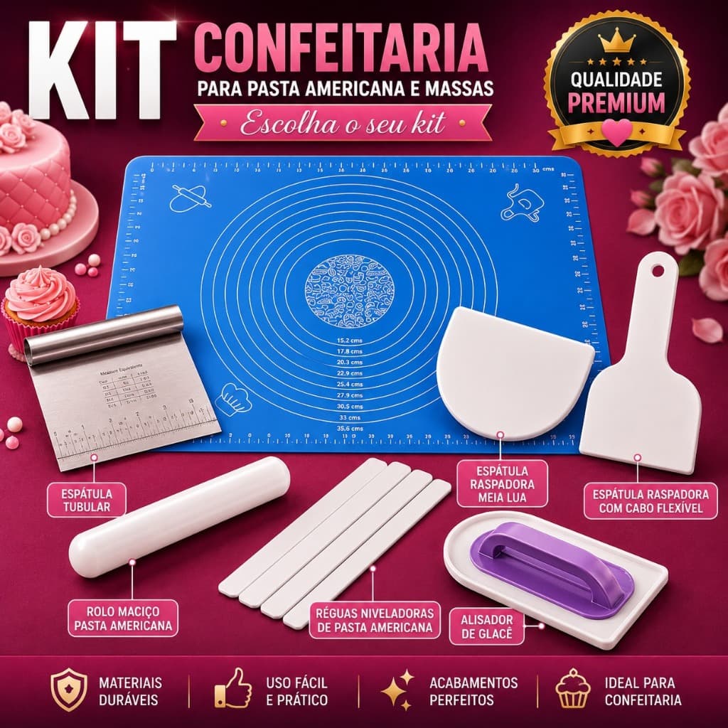 Kit Confeitaria Completo Pasta Americana e Massas Tapete Silicone 50x40 Profissional Escolha o Kit