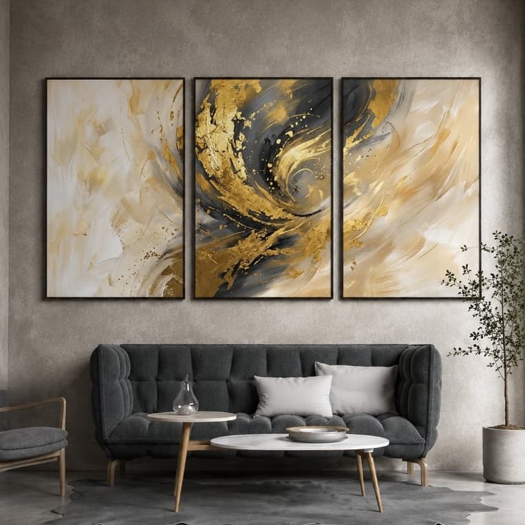 Kit 3 Quadros Decorativos Sala Abstrato Gold Luxo Arte Moderna 40x60 Sem Moldura