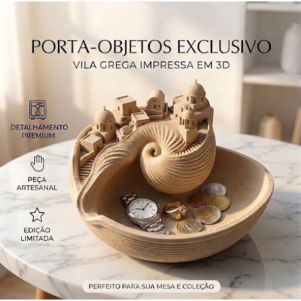 Porta Objetos Bandeja Organizadora Decorativa Vila Grega Impressão 3D Mesa Rack Porta Chaves Joias Smartphone