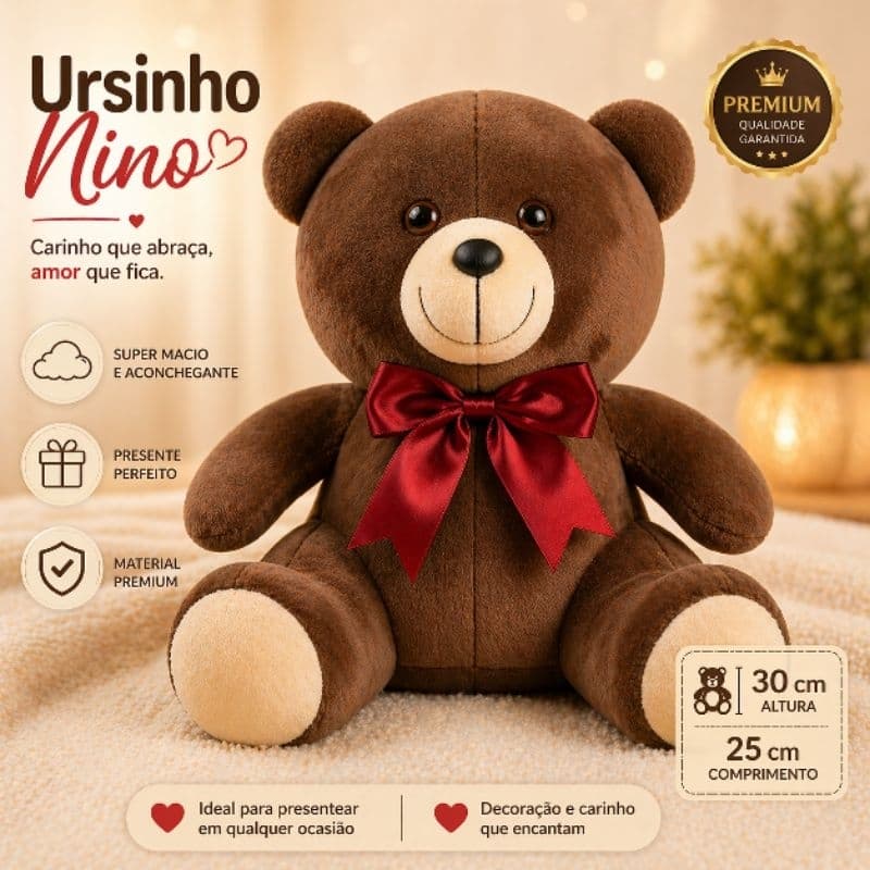 Urso de Pelúcia Nino Luxo 30 cm Coleção Premium + Brinde Coração Antialérgico Várias Cores Quarto Bebê
