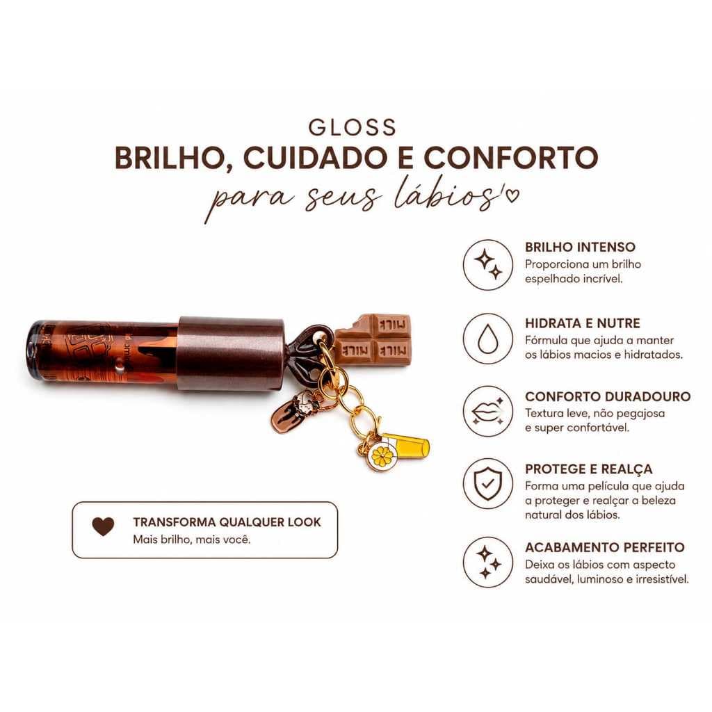 Hold Morning/lip gloss/gloss labial com chaveiro/efeito espelhado/aroma inspirado em chocolate/uso diario.