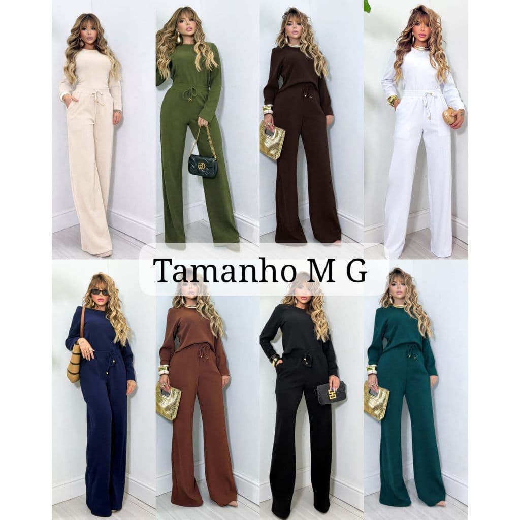 Conjunto feminino calça pantalona + blusa manga longa no tecido Anarruga premium Tamanho M,G