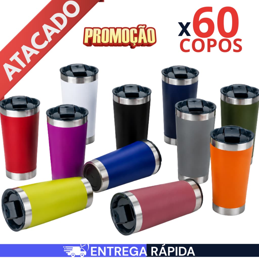Kit 60/40/20 Copos Térmicos 473ml PREMIUM Com Tampa e Abridor Isolamento Térmico ATACADO Cor Sortida