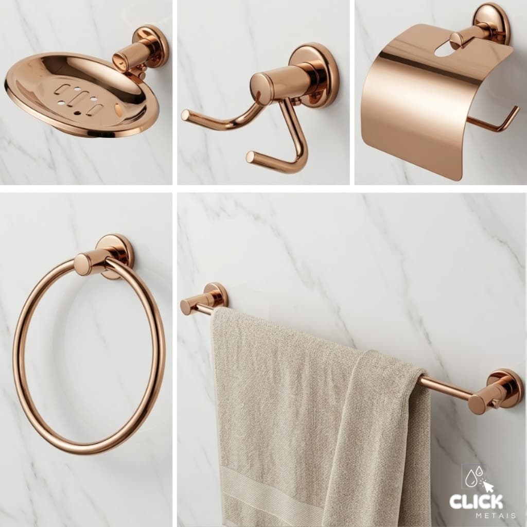 Kit De Acessórios 5 Peças Para Banheiro Lavatório Completo Alumínio Fixação com Parafusos Rose Gold