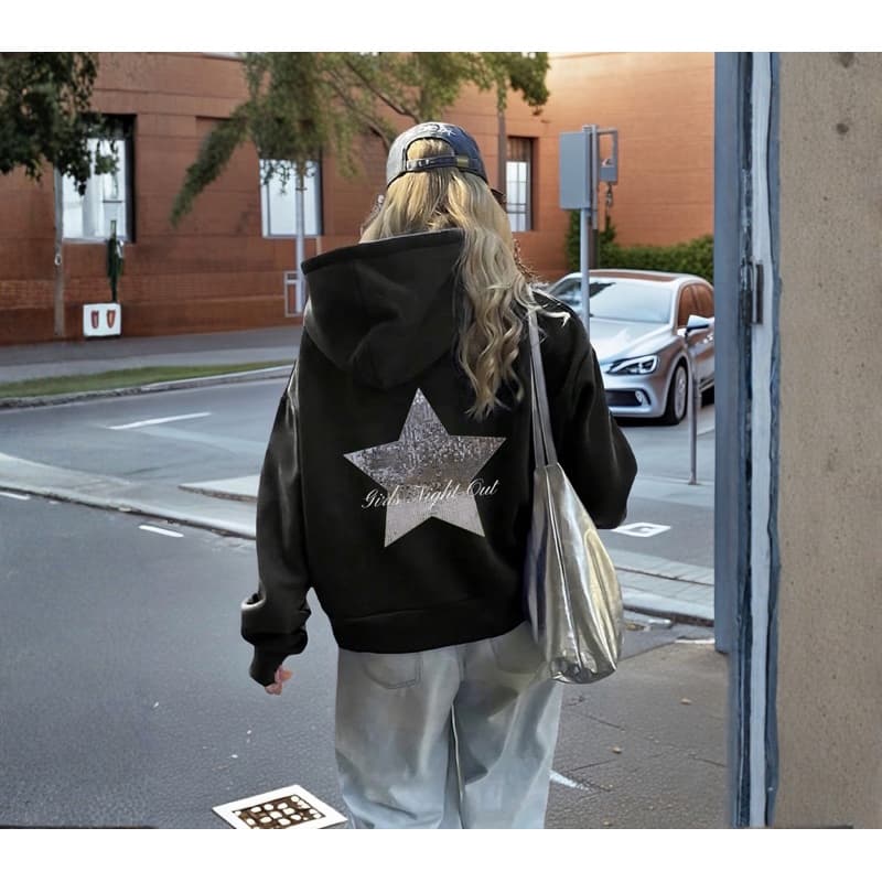 Blusa moletom com capuz, manga longa de estrela espelhada casual inverno