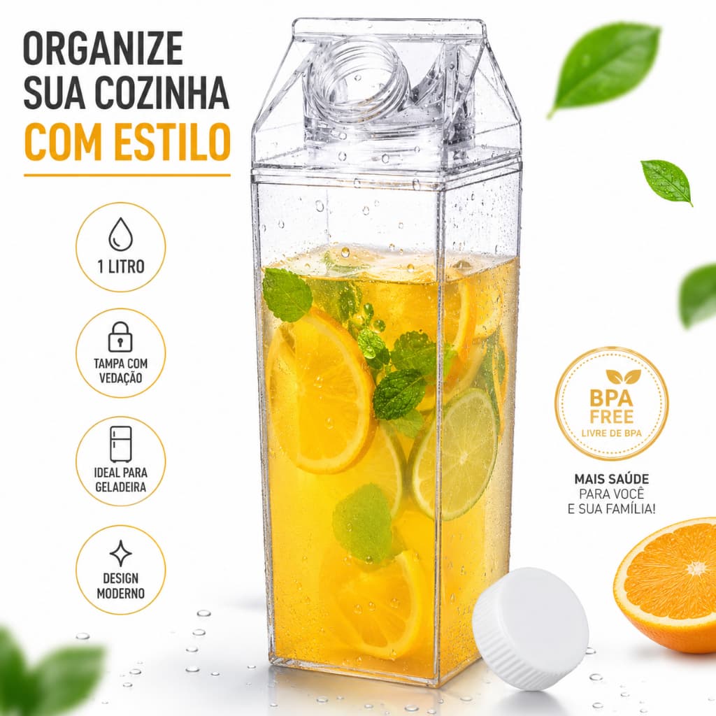 Garrafa Plástica Acrílica 1 Litro Reutilizável Transparente Para Agua Suco Leite, Iogurte Chá Resistente