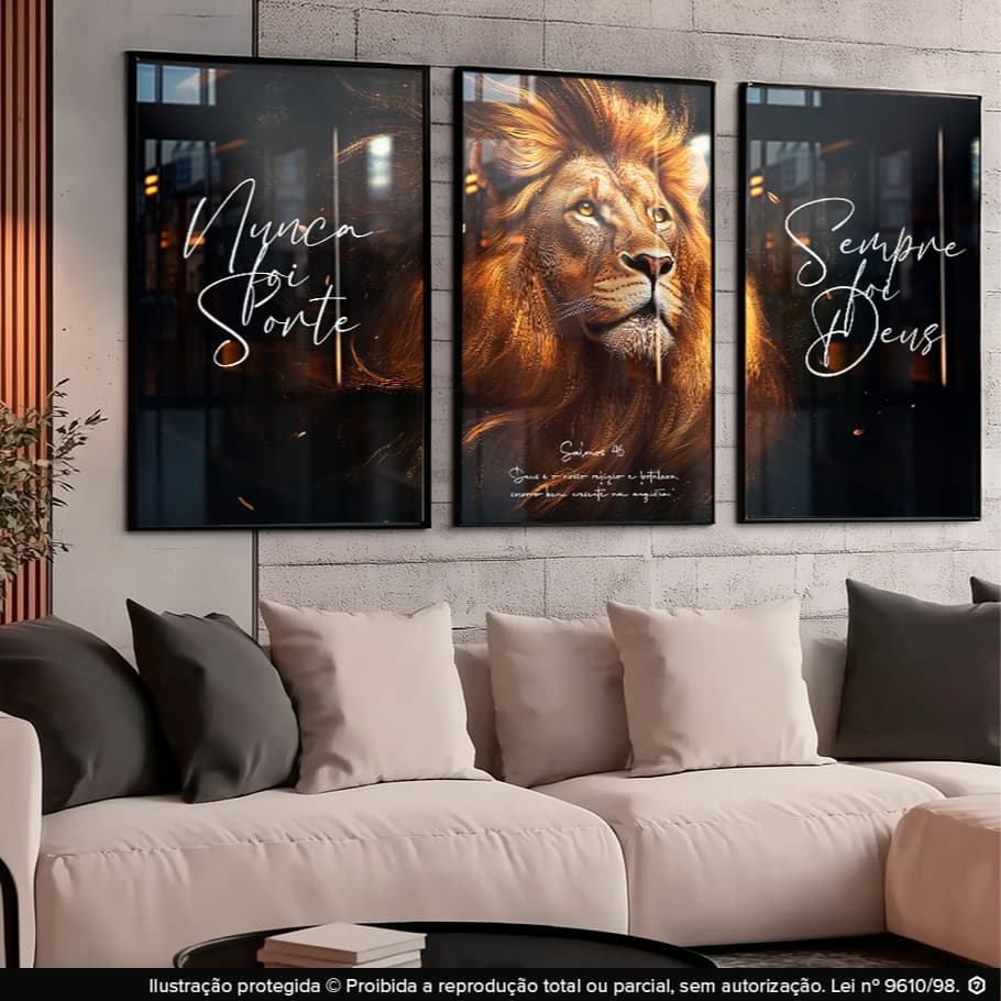 Quadros Decorativos Leão de Judá Fé Cristão Religioso 3 Peças 122x60