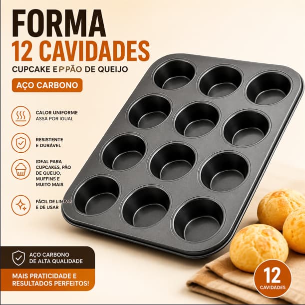 Forma para Cupcake Muffin e Pão de Queijo 12 Cavidades Aço Carbono Antiaderente Resistente