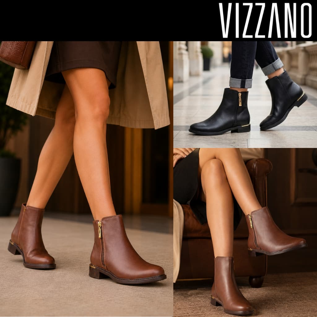Bota Feminina Vizzano Cano Curto Bota Feminina Casual Bota Salto Bloco Baixo Leve Zíper Confortável