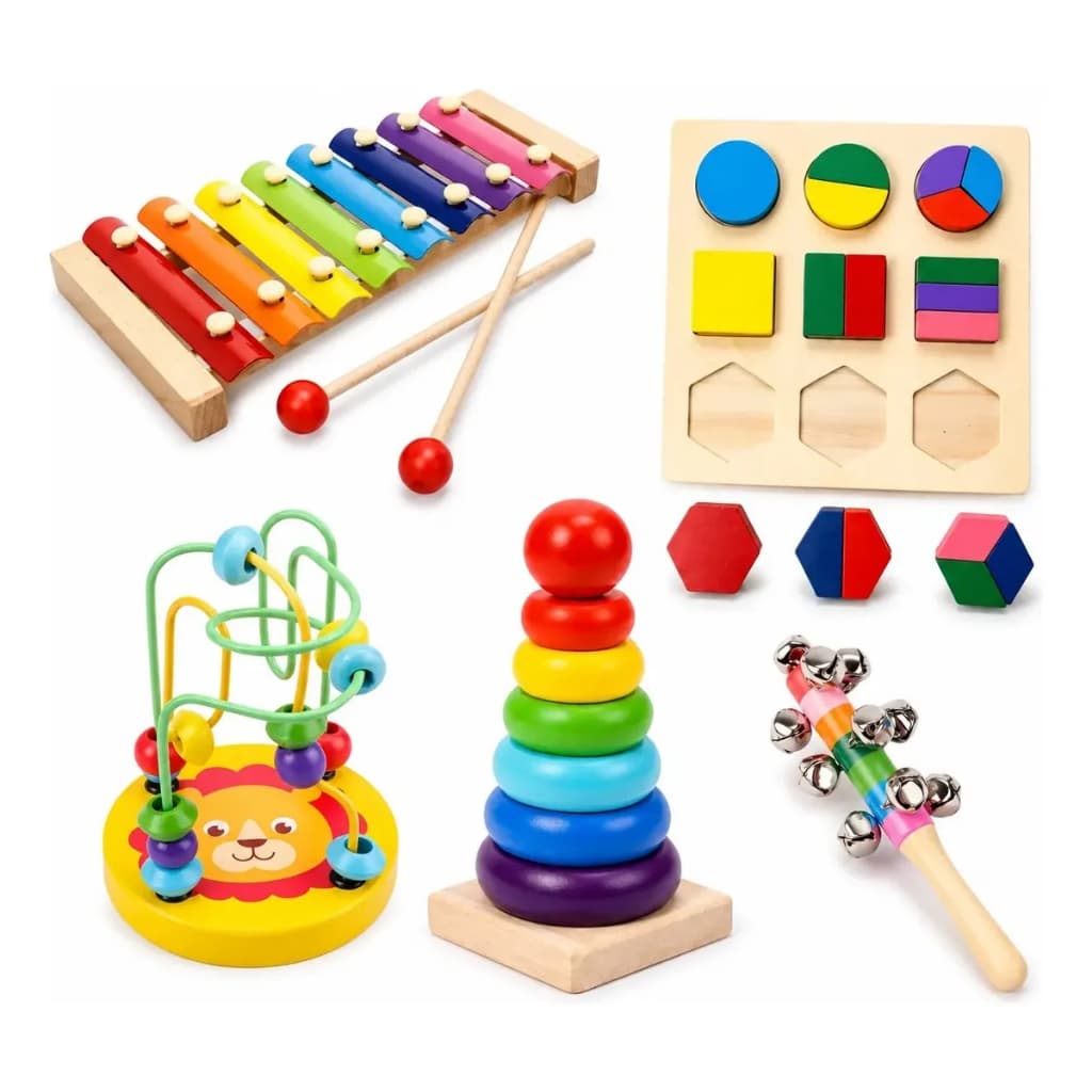 Kit 5 Brinquedos Bebê Montessori Educativo Lúdico Madeira Autismo