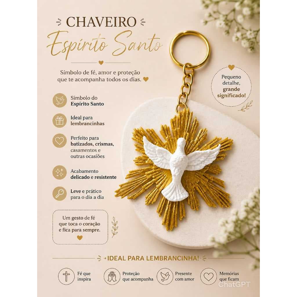 Chaveiro Espírito Santo Religioso | Lembrancinha Católica Dourada 8,5cm x 7cm