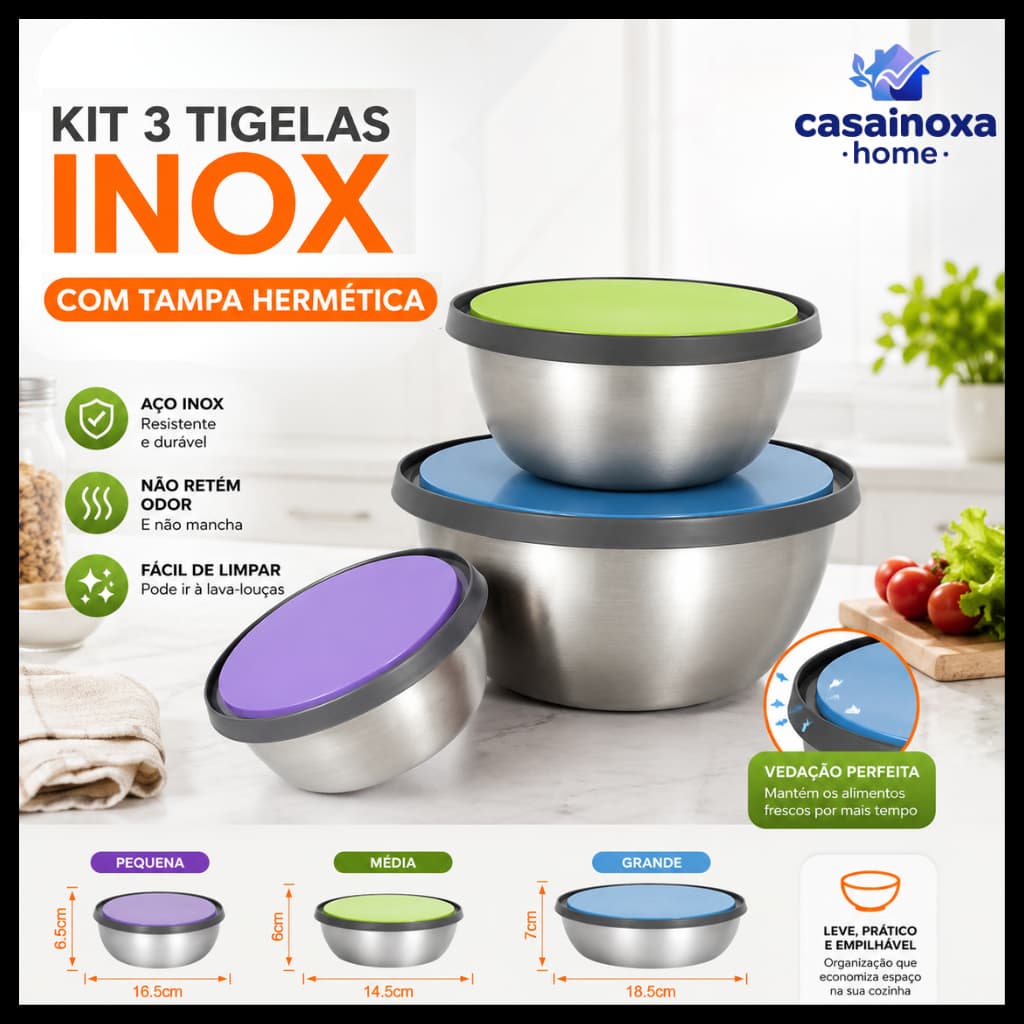 Kit 3 Tigelas de Aço Inox com Tampa Hermética Antivazamento para Cozinha