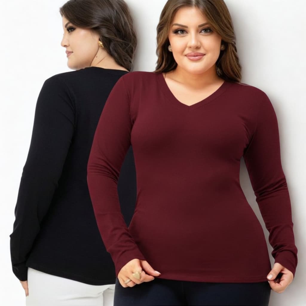 Kit 2 ou 1 Blusa manga longa gola V Feminina Viscolycra Segunda Pele Frio Inverno
