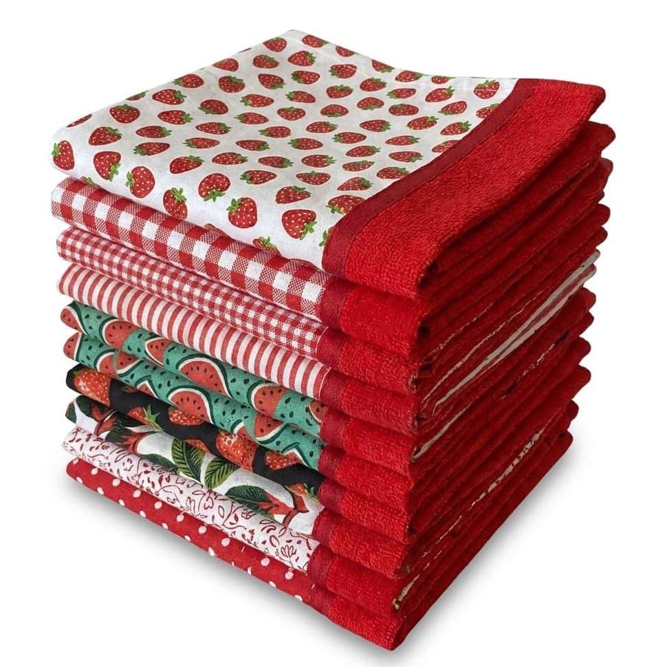 kit 8 Panos De prato No Tecido Preto E Vermelho 100% Algodão Na Sacaria Premium