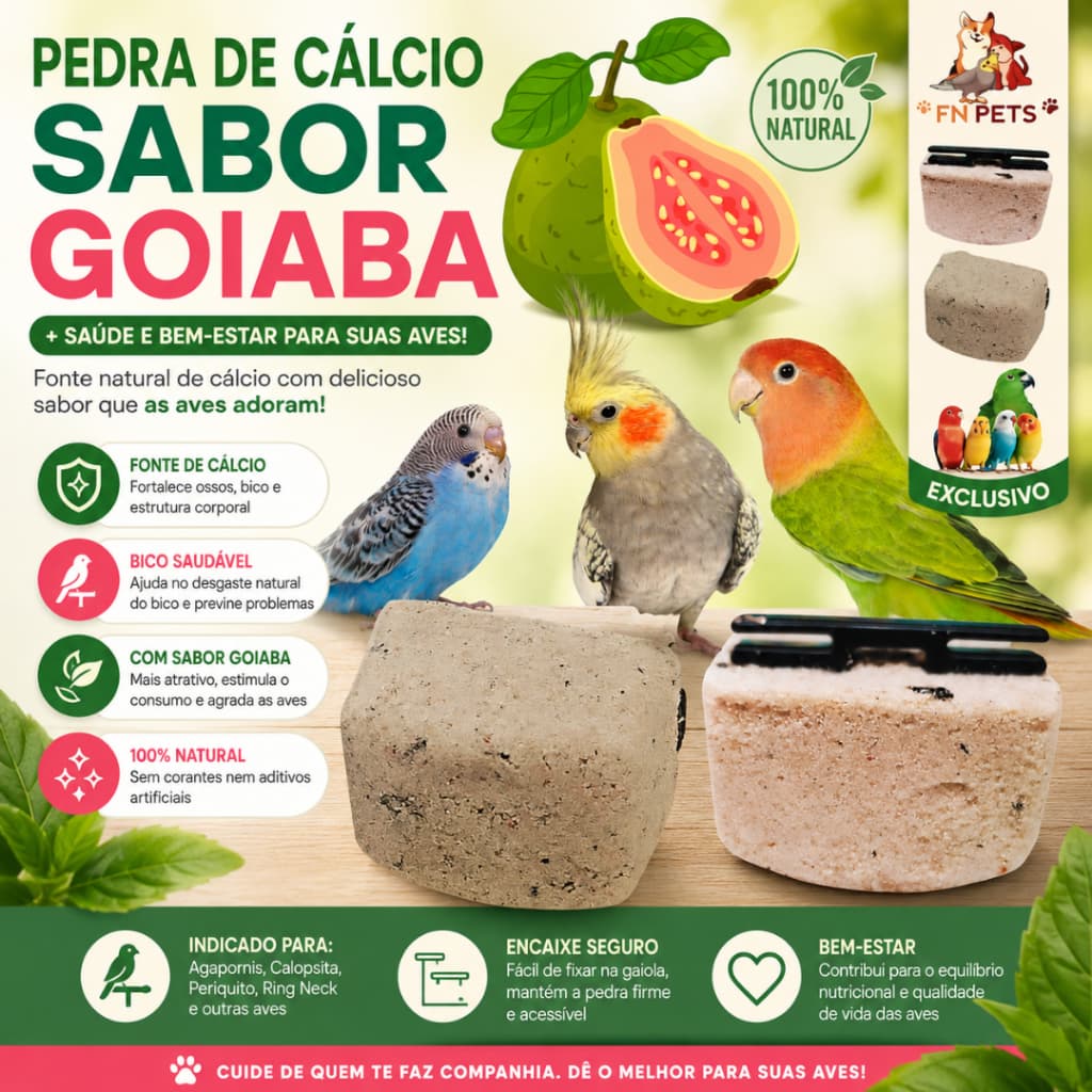 pedra de cálcio para pássaros sabor goiaba suplementos calopsita,periquito,papagaio, gaiola  viveiro
