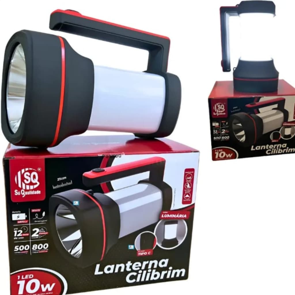 Farolete Lanterna Recarregável LED 10W Cilibrim 800lm 500m com Zoom e Luminária