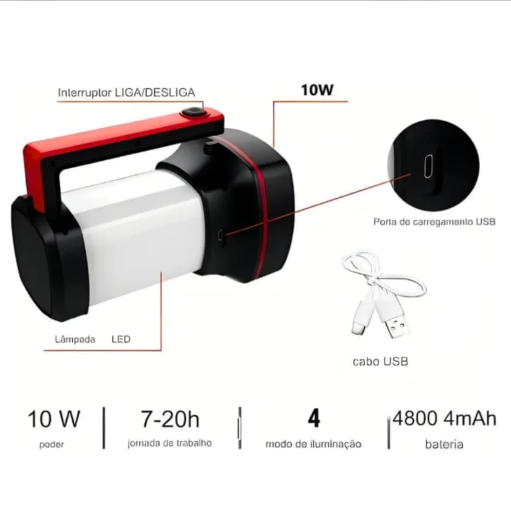 Lanterna Recarregável LED 10W Cilibrim 800lm 500m com Zoom e Luminária Abajur Lamparina SQ