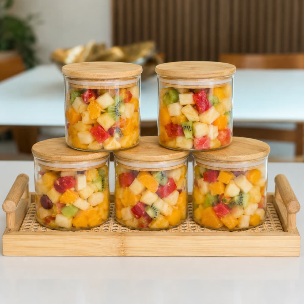 Pote Hermético Vidro Tampa Bambu 200ml / 800ml Conservação Alimentos Frutas