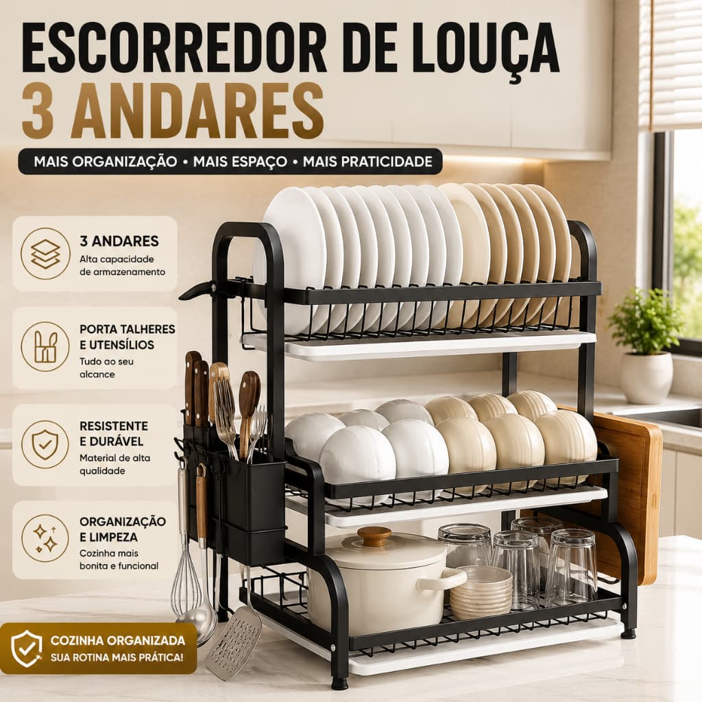 Escorredor de Louça 3 Andares Multifuncional Porta Talheres e Suporte Tábuas – Cozinha Premium