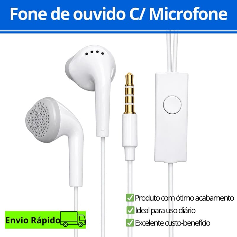 Fone de Ouvido com Fio P2 3.5mm Estéreo Branco com Microfone Alta Qualidade
