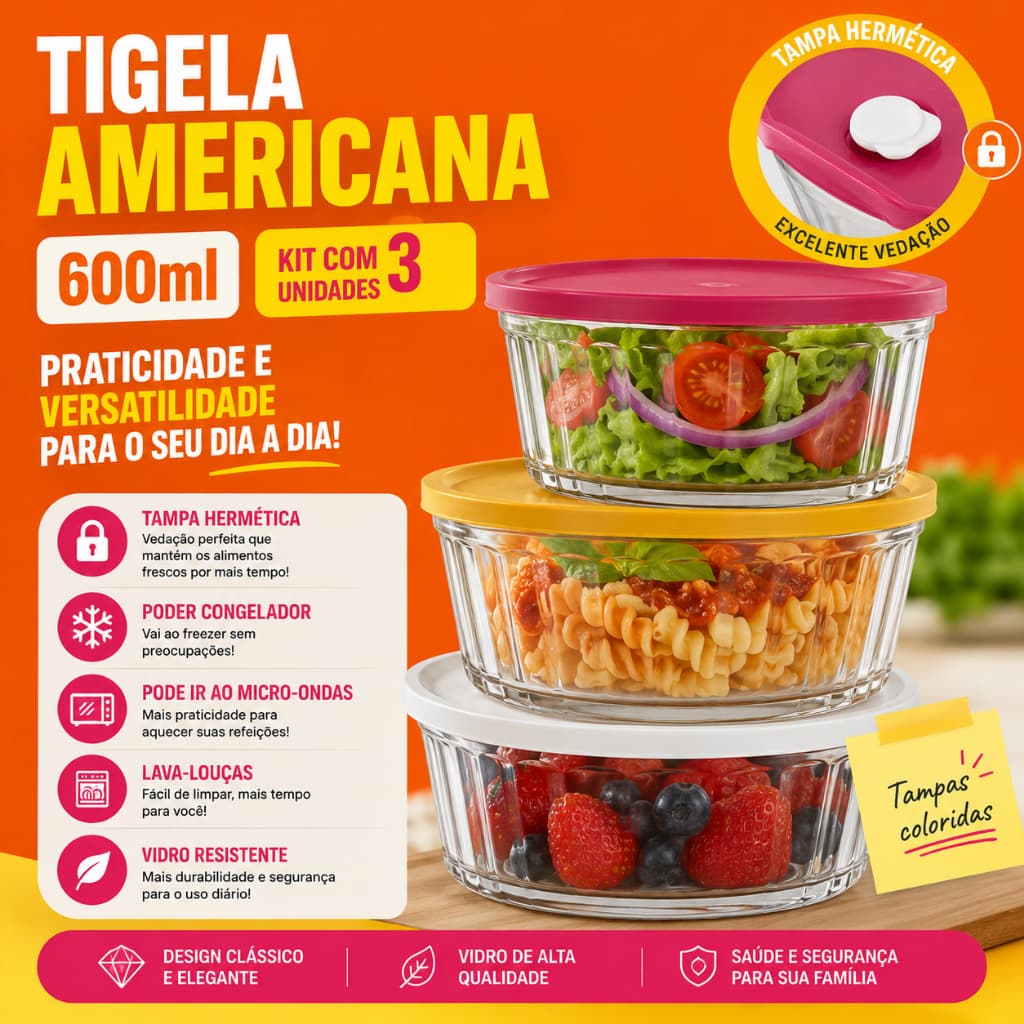 Kit 3 Unid Tigela De Vidro Com Tampa 600ml Potes Hermetico Vidro Pote de vidro com tampa hermética
