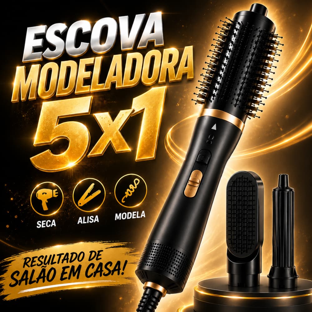 Escova Secadora 5 em 1 New Air Styler Preta Alisa Seca Modela Cacheia 110V