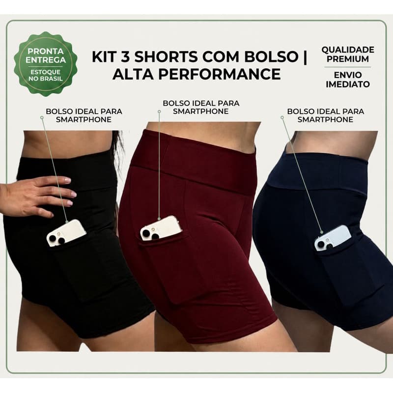 Kit 03 Shorts Bermuda Academia Com Bolso celular / Roupa de Academia