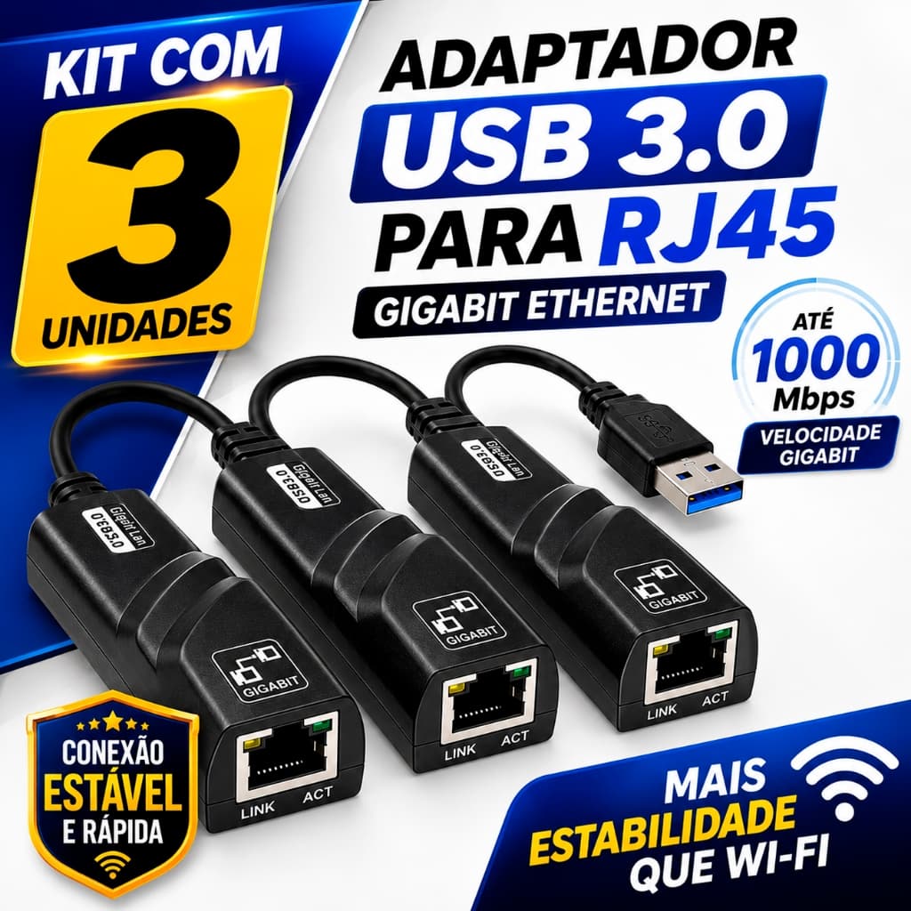Kit 3 Adaptador USB 3.0 para RJ45 Gigabit Conector Ethernet 10/100/1000 Mbps Placa de Rede USB