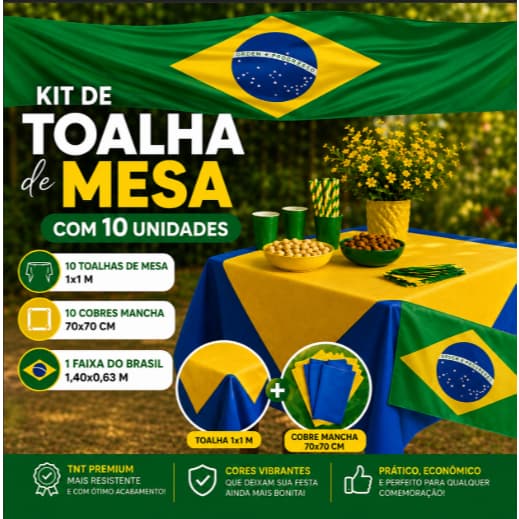 Kit Toalha de Mesa TNT 1x1 Copa do Mundo 10 Unidades + Cobre Mancha 70x70 + Faixa do BRASIL