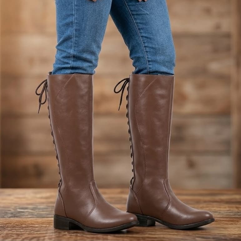 Bota Montaria Feminina Cano Alto Couro Confortável Com Amarração Traseira E Zíper Lateral Frio