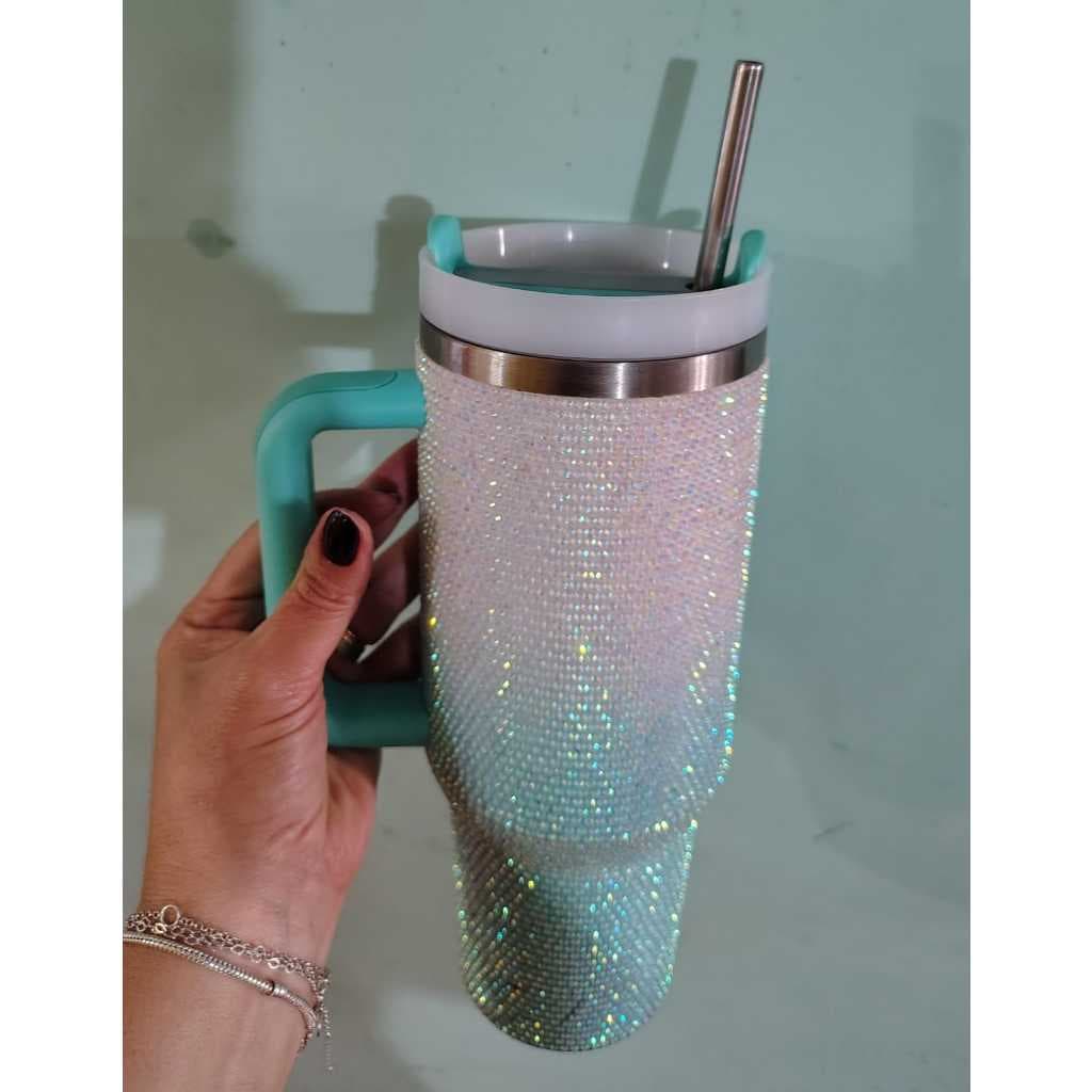 Garrafa Térmica com Canudo  Brilhante Glitter com Alça