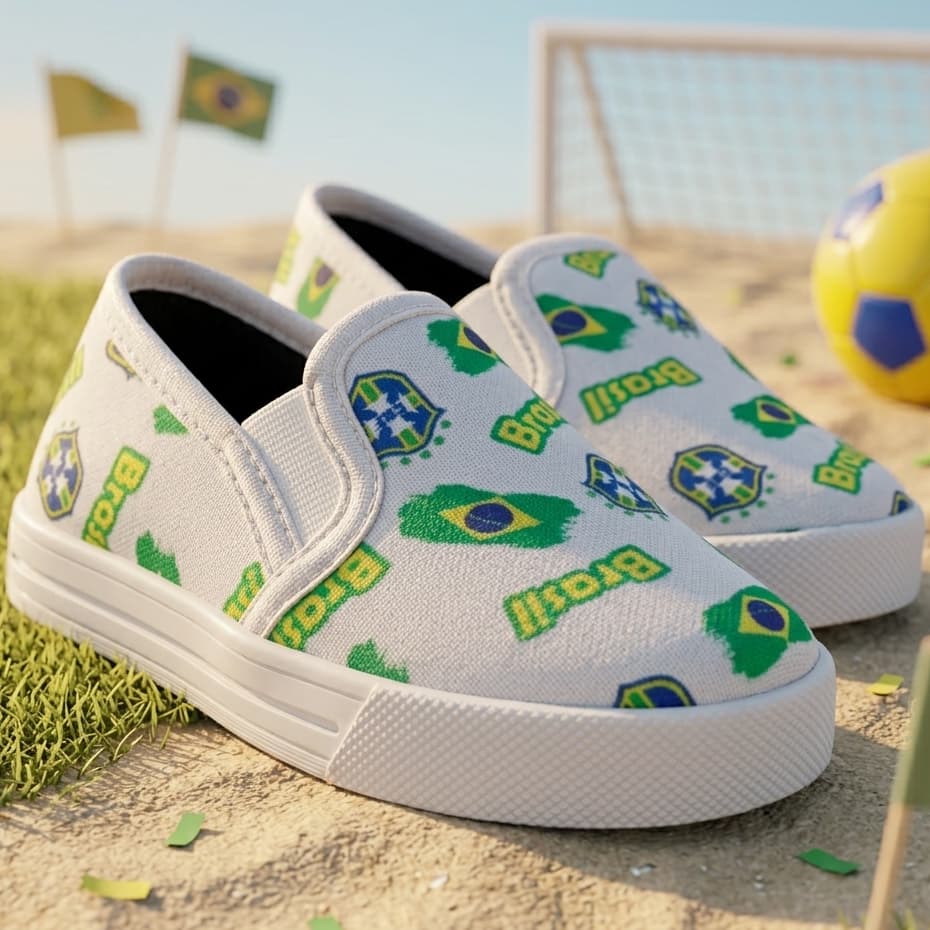 Tênis Infantil Brasil Slip On Casual Menino Menina Confortável Antiderrapante Copa Futebol Branco
