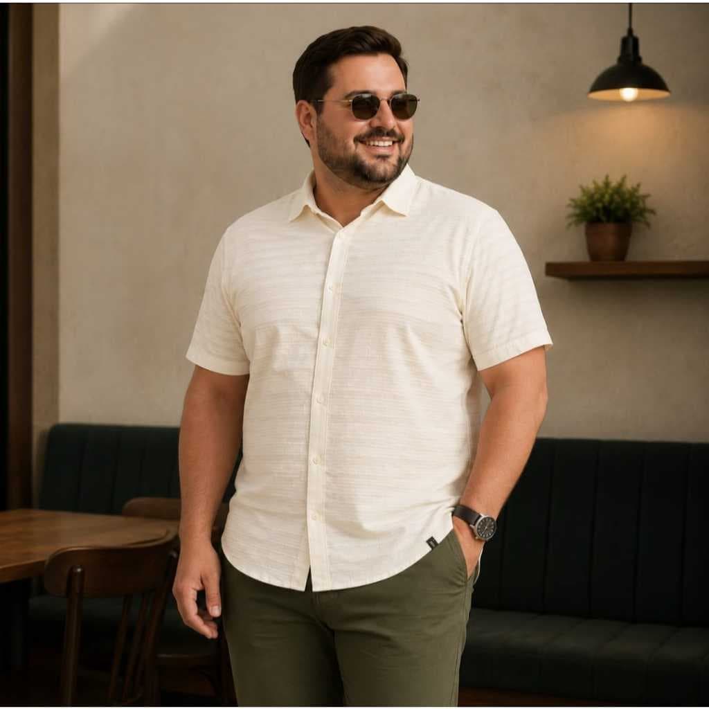 Camisa Masculina Casual Plus Size Off-White Manga Curta Malha Premium Texturizada Colisão G1 Ma