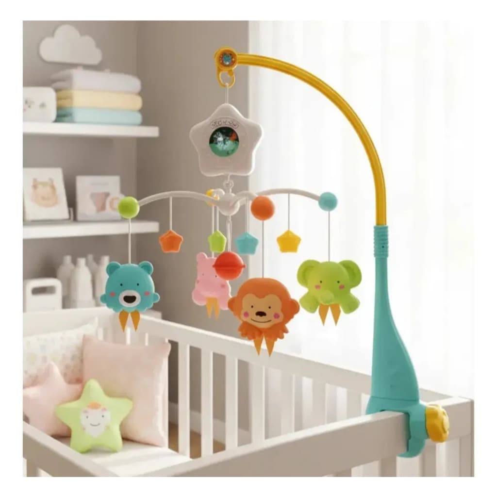 Móbile De Berço Musical Giratório Projeta Luz No Teto Para Bebê Dormir Bichos Baby Fixação Segura