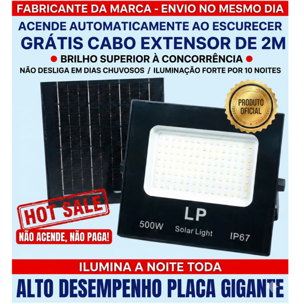 Refletor Solar Led 500w 1000W Branco Frio Resistente A Água Ip67 Bivolt Preto 127v / 220v