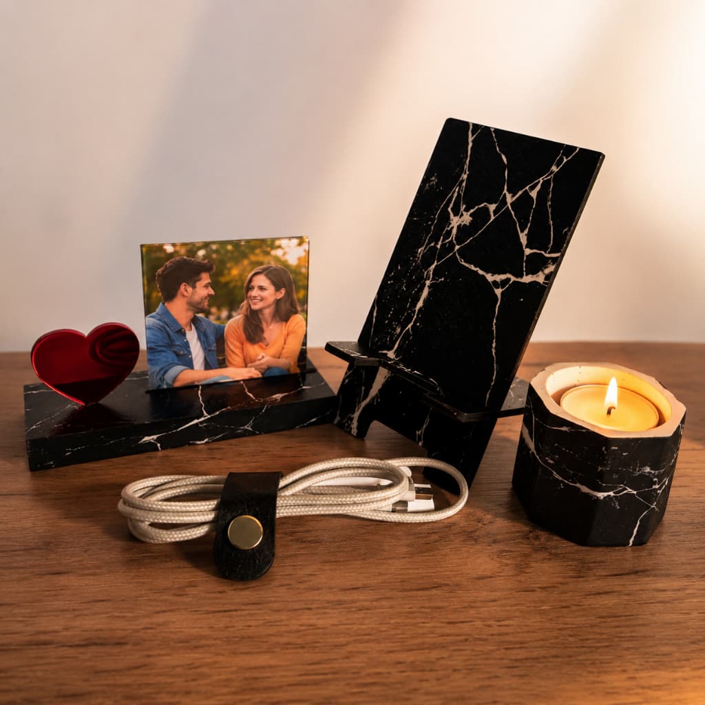 Kit Presente Luxo Romântico | Porta Retrato + Porta Velas + Suporte Celular + Organizador de Cabo
