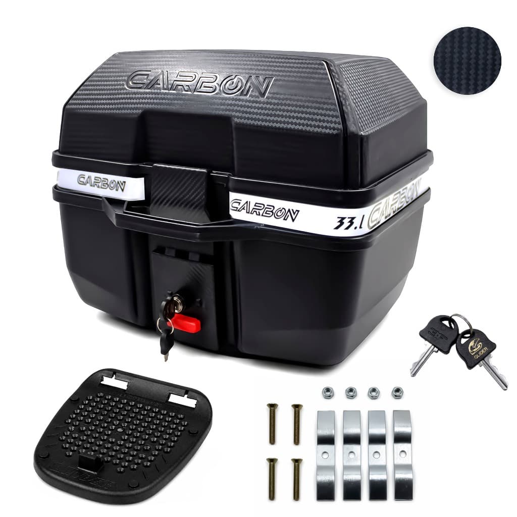 Baú Moto 33 Litros Glider Carbon Preto com Chave e Suporte Kit Fixação Universal